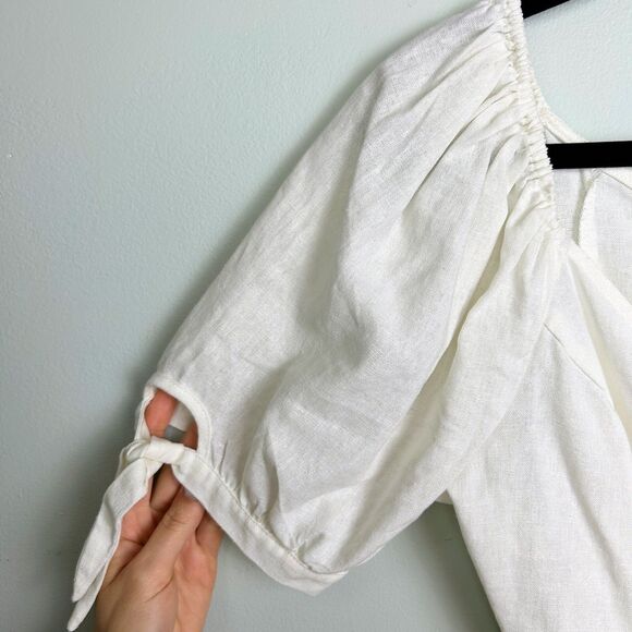 Express Puff Tie Sleeve Button Front Corset Crop Top White Cream Linen Womens M - Picture 3 of 7